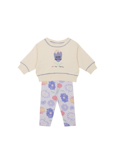 Antebies Organik Lila Çiçek Desenli Manşetli Kız Bebek Sweatshirt Tayt Takımı Mor