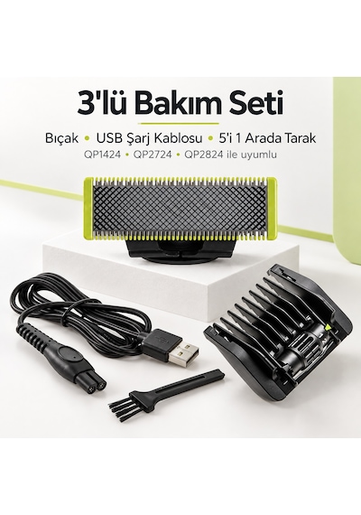 Philips Oneblade Qp1424, Qp2724 Ve Qp2824 Modelleriyle Uyumlu Olarak Hazırlanan 3 Lü Bakım Seti