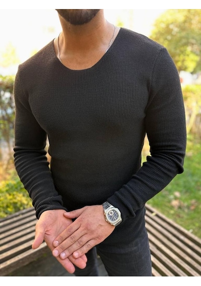 Elku Moda Kazak Örme Tüylenmez Naturel Pamuk Kazak Slim Fit Triko Dar Kesim Body Kazak Siyah