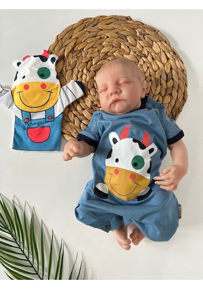 İnek Baskılı Soğuk Mavi Tulum Kukla Hediyeli Mavi
