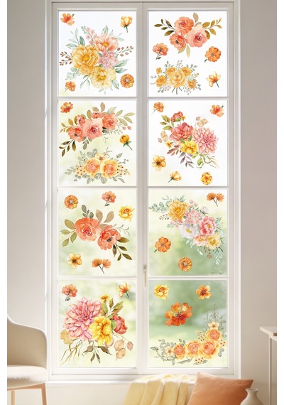 52 Parça Bahar Temalı Cam Sticker Seti Suluboya Floral Çift Taraflı Görünüm, Dekoratif Cam Sticker Dijital Baskı