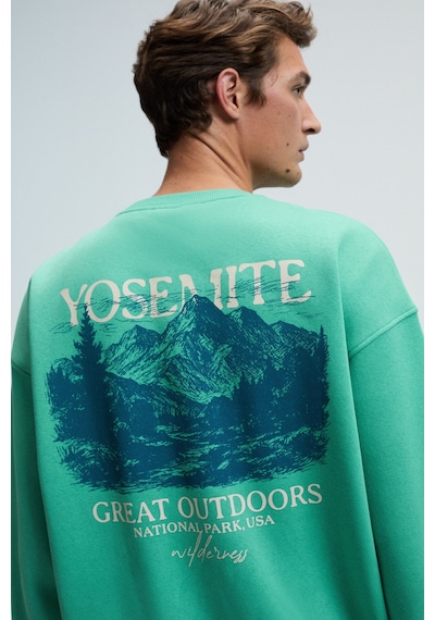 Grimelange PERCY Erkek Yuvarlak Yaka Göğsü Nakışlı Sırtı Baskılı Oversize Yeşil Sweatshirt