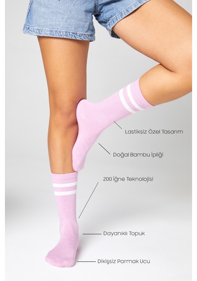 Bamboo Star Bambu Tenis Çizgili Premium Kolej Çorabı Unisex Toz Pembe Dikişsiz Soket Çorap 3'lü Paket
