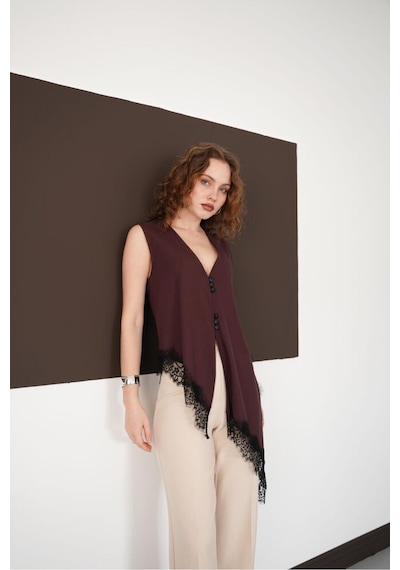 Verymoda Sıfır Kol Etek Ucu Dantel V Yaka Bluz D2993 Mürdüm