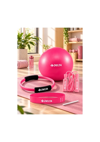 Pilates Kardiyo Seti 35 Cm Çember + Aerobik Direnç Bandı + Pilates Topu 25 Cm + Süngerli Atlama İpi Fuşya