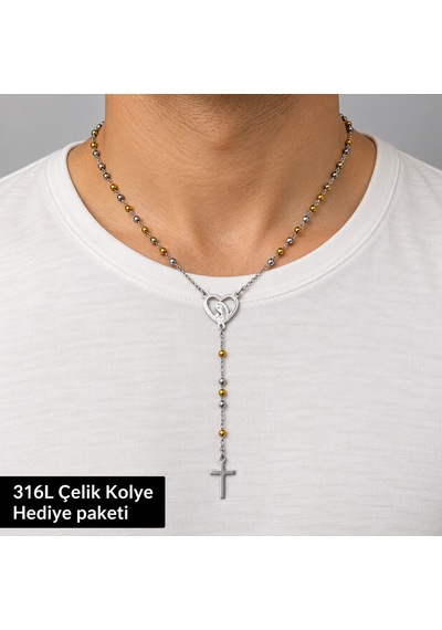 56 Cm Kalp Figürlü Çift Renk Boncuk Detaylı Erkek Kolye Uzun Sallantılı Kolye Altın - Gümüş
