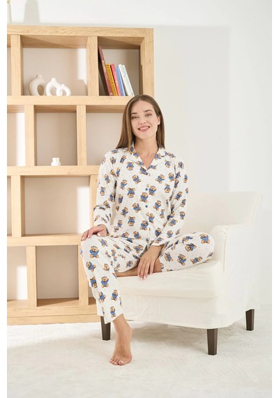 Pijamoni Kadın Berlin Kumaş Önden Düğmeli Ayıcıklı Pijama Takımı - 8851 Ayıcık Beyaz