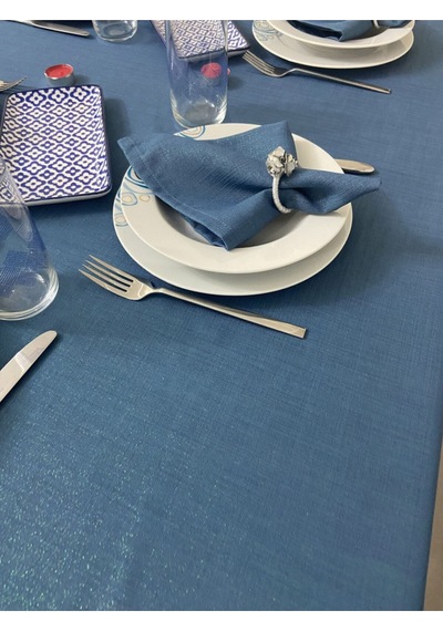 Simli Keten Görünümlü Begonvil Masa Örtüsü Indigo Mavi 25 Parça Set
