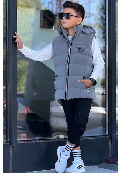 Pina Kids Erkek Çocuk Çıtçıt Kapüşonlu Nova Kumaş Şişme Yelek Ylk3026 Füme