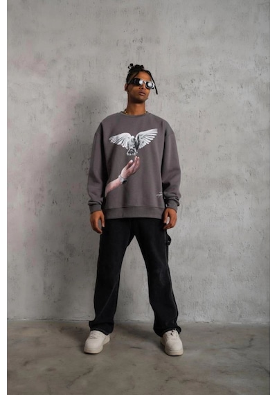 Erkek Güvercin Baskılı 3 İplik Pamuklu Bisiklet Yaka Sweatshirt - Gri