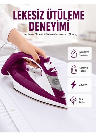 Yeni Nesil Kırmızı Buharlı Ütü 2200 Watt Seramik Tabanlı Yüksek Buhar Gücü Yeni Nesil