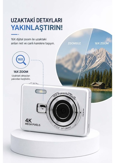 Taşınabilir Kompakt Kamera - 16x Dijital Zoom & Dahili Flaş Beyaz