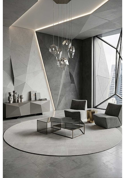 Geometrik Abstract Desenli Prato İpeksi Lüks Viskon Yuvarlak Halı Pr04 Gri Krem-bej
