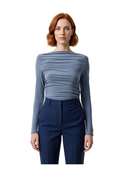 Ersefa Stil Kadın Drapeli Vücuda Oturan Esnek Bluz Regular Örme Slim Kal Indigo