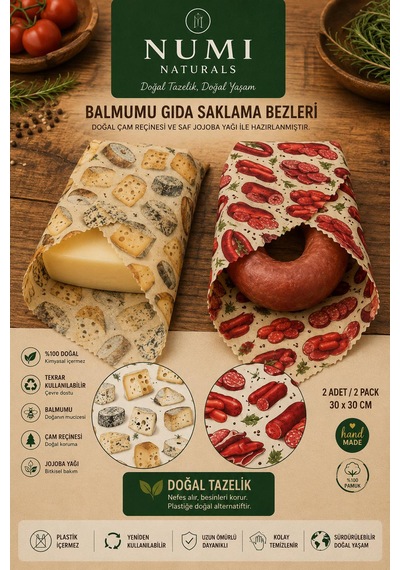 Kahvaltı Tazelik Seti 2 Li 30x30 Cm Balmumu Gıda Saklama Bezi Çok  Renkli