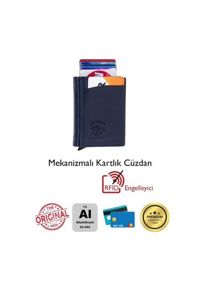 Bürke Çok Gözlü Akıllı Kredi Kartlık Kartvizitlik Otomatik Unisex Cüzdan Mekanizmalı Deri Cüzdan - Lacivert