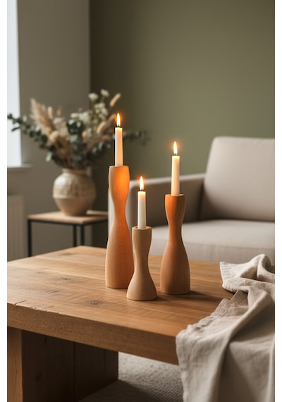 Dekoratif 3’lü Ahşap Mumluk Set Modern Minimalist Doğal Şamdan Ofis Ev Mum Standı Rustic