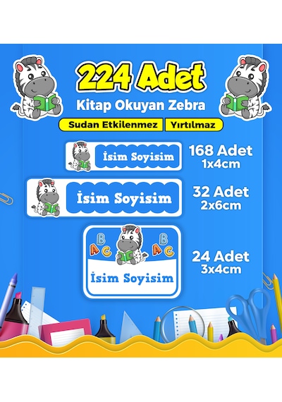 Sevimli Zebra Temalı Okul Kreş Kişiye Özel İsim Etiket Seti - Model 177 Çok Renkli