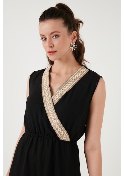 Lela Regular Fit Kruvaze Yaka Midi Bayan Elbise 6118103 Siyah