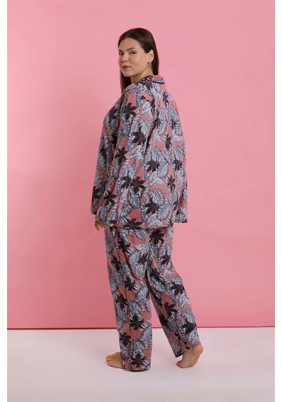 Kadın Büyük Beden Somon Yaprak Desenli Düğmeli Pijama Takımı Somon