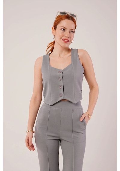 Defymoda Kalın Askılı Düğmeli Yelek Ve Pantolon Gri Takım Gri