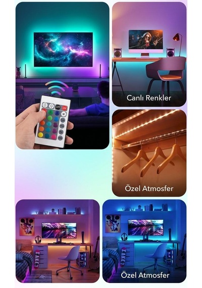 Rgb Şerit Seti 16 Renk Uzaktan Kumandalı Adaptörlü Dekoratif Aydınlatma Çok Renkli 5m
