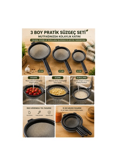 Porsima Et-00120 Tencereye Takılabilen 3 Boy Tel Süzgeç Seti