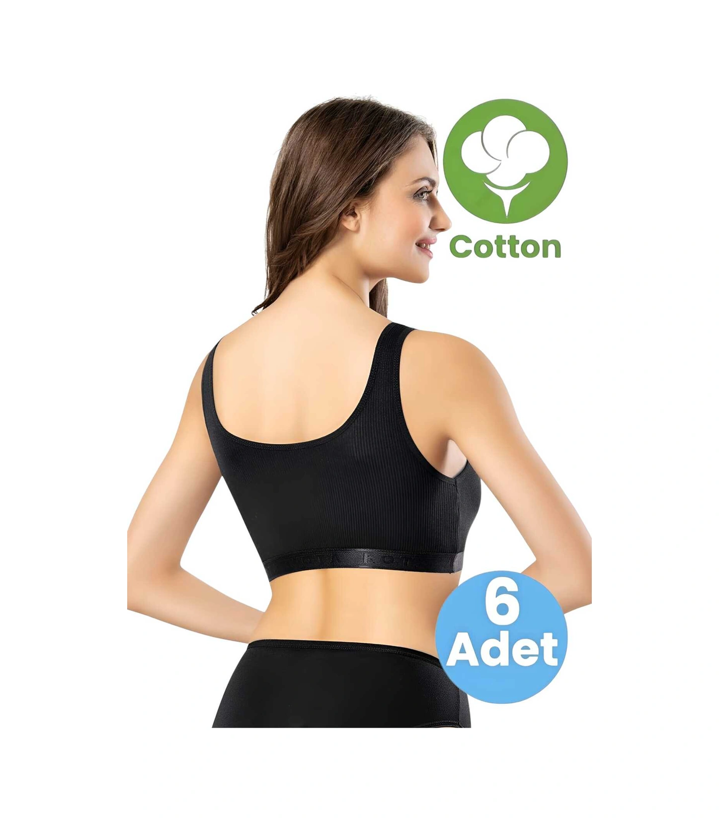Tezzgelsin Kadın 6'lı Geniş Askılı Penye Kaşkorse Kumaş Pedli Crop Büstiyer Sütyen Siyah