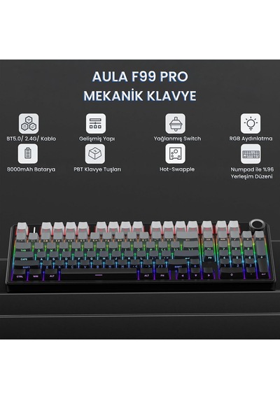 F99 Pro 3 Modlu Rgb Hot Swap Mekanik Nimbus V3 Switch Kablosuz Makrolu Klavye Gradyan Gri Diğer