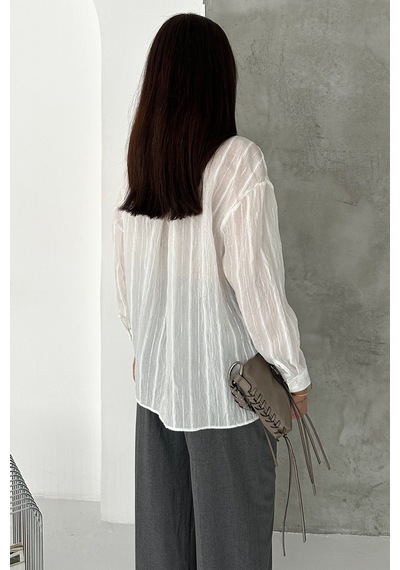 Sim Detaylı Kırışık Görünüm Oversize Gömlek Breeze Beyaz