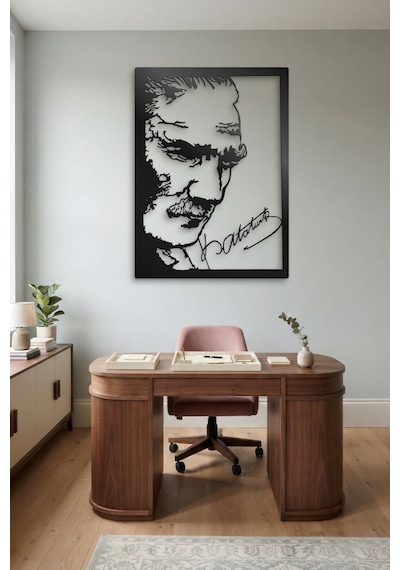 Atatürk Ve İmza Metal Duvar Tablosu - Duvar Sanatı - Duvar Dekoru - Siyah