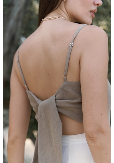 Mai Collection Mai Studios Co. Kita Üçgen Detay Çizgili Haki Keten Crop Haki