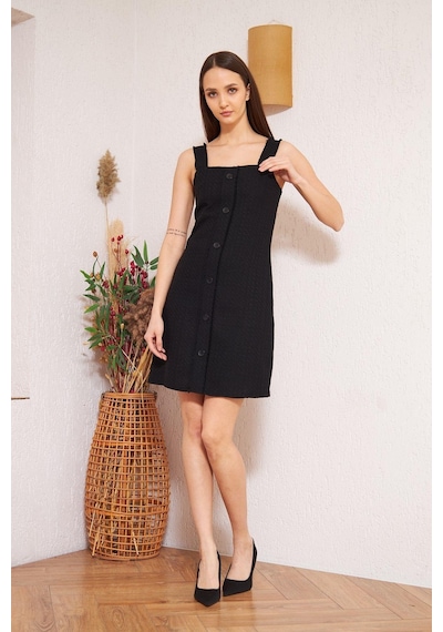 Darlin Moda Siyah Askılı Düğme Detaylı Mini Elbise DM1011 Siyah
