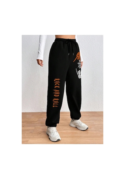 Tarzsokak Halloween Skeleton Hand & Letter Graphic Drawstring Waist 4 Mevsim Eşofman Siyah