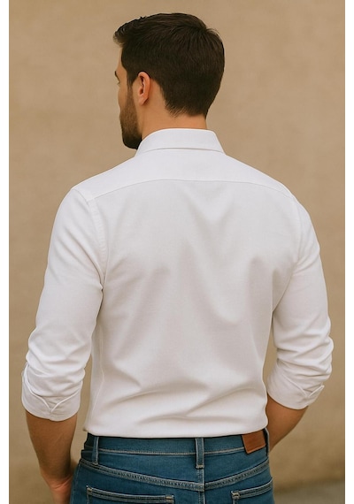 Bürke Sofya Keten Dokulu Uzun Kollu Beyaz Yarım Oversize Erkek Gömlek