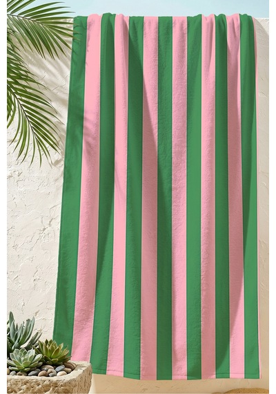 Çizgili Pembe Yeşil Plaj Havlu Örtüsu - Modern Renk Bloklu Hızlı Kuruyan Mikrofiber Havlu Örtü Uçuk Akasya