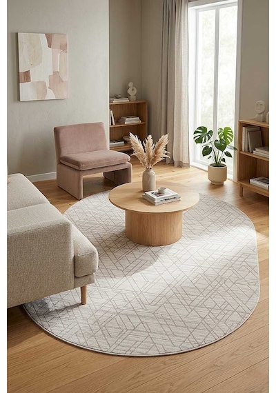 Geometrik Desenli Nar Yumuşak Dokulu Akrilik Oval Halı Nr02 Kemik Kemik-bej