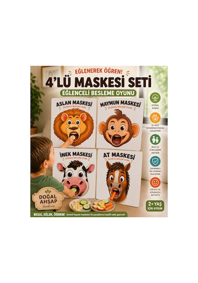 4'lü Ahşap Hayvan Maskesi Besleme Oyunu Seti 30x40 Cm Eğitici Aktivite Hayvan Maskesi Montessori Eğitici