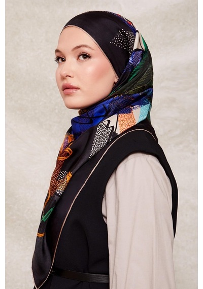 Levidor Karmaşık Desen Twill İpek Eşarp-0915 Koyu Lacivert