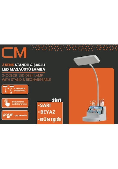 Cm 3 Renkli Standlı Şarjlı Masaüstü Led Lamba Şekil Değiştirebilir Tasarım Beyaz