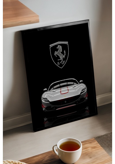 Ferrari Roma Siyah Ahşap Çerçeveli Poster, Dekoratif Araba Duvar Tablosu