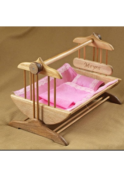 Kişiye Özel İsimli Ahşap Oyuncak Bebek Beşiği 50x30x30 Cm Minderli El Yapımı