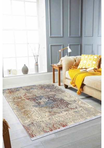 Çok Renkli Vintage Dokuma Pamuk Taban Kaymaz Kilim Klm257n11