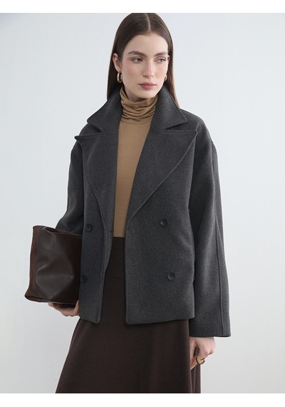 Lcw Modest Antrasit Kruvaze Yaka Oversize Kadın Kaşe Kaban
