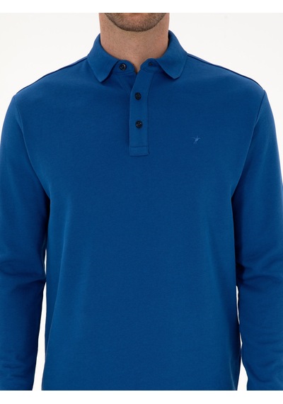 İndigo Regular Fit %100 Pamuk 3 İplik Polo Yaka Sweatshirt Mavi