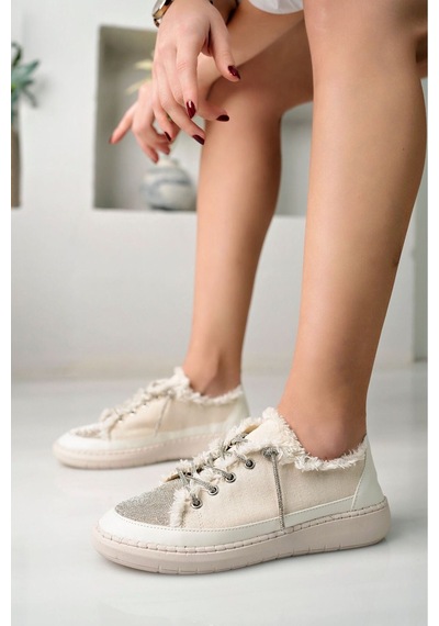 Craft Moda Neva Taşlı Düz Taban Kadın Kot Sneakers Krem