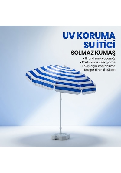 360 Dönebilen Plaj Şemsiyesi Uv Korumalı Su İtici Solmaz Kumaş 190 Gr Dokuma Polyester -mavi