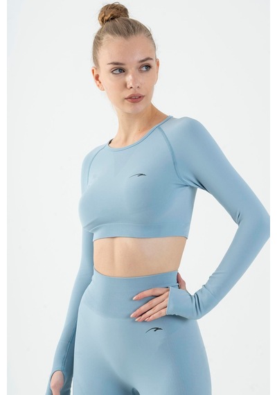 Maraton Active Slimfit Kadın Bisiklet Yaka Uzun Kol Training Sislimavi Crop Top 816005 Mavi