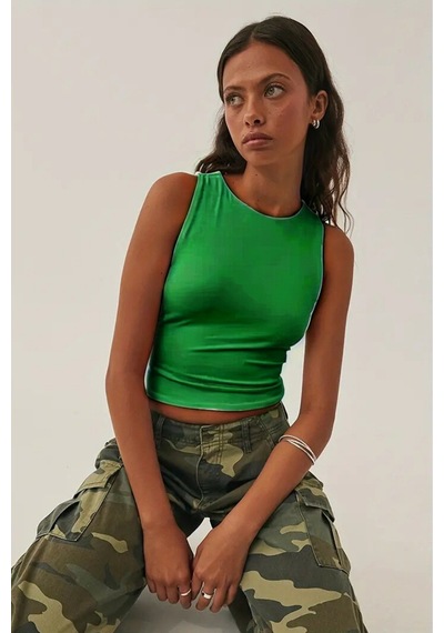 Tarz Cool Kadın Atlet Düz Basic Crop Kolsuz T-shirt Benetton Yeşili