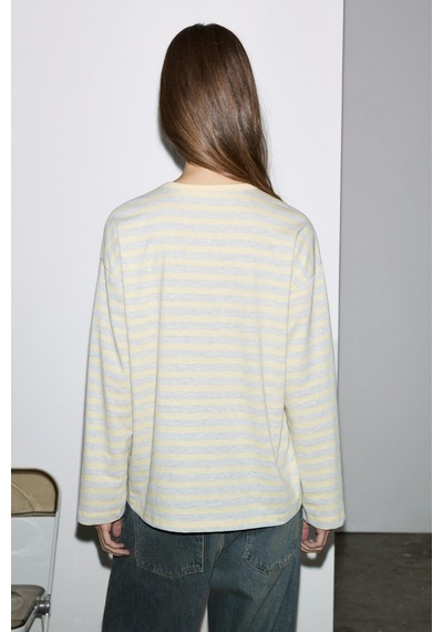 Grımelange Basıl Kadını Oversize %100 Organik Pamuk Örme Uzun Kol Sarı Çizgili T-shirt